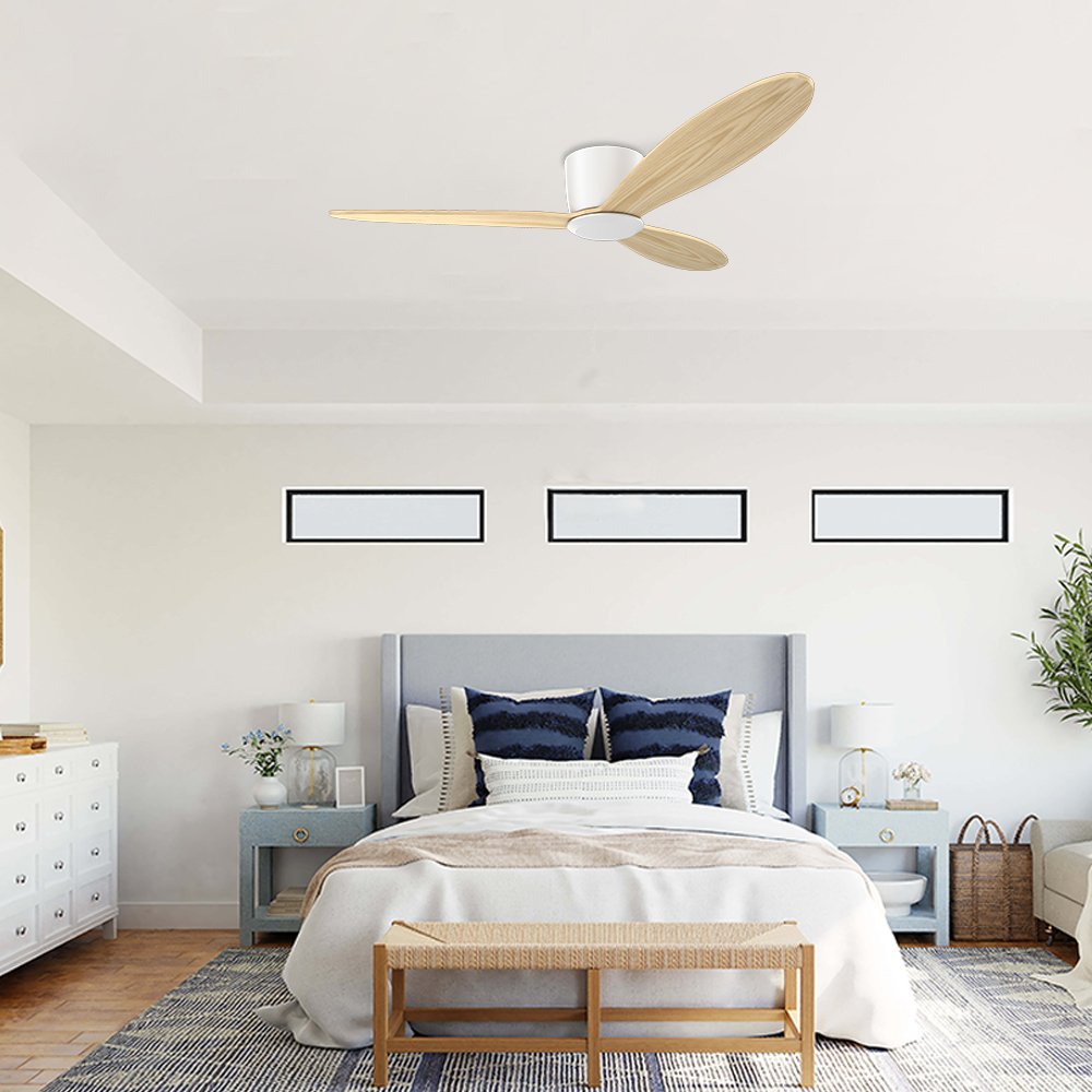 52 Inch 3 Solid Wood Blade Ceiling Fans DC Motor Modern Smart Low Profile Mount Ceiling Fan