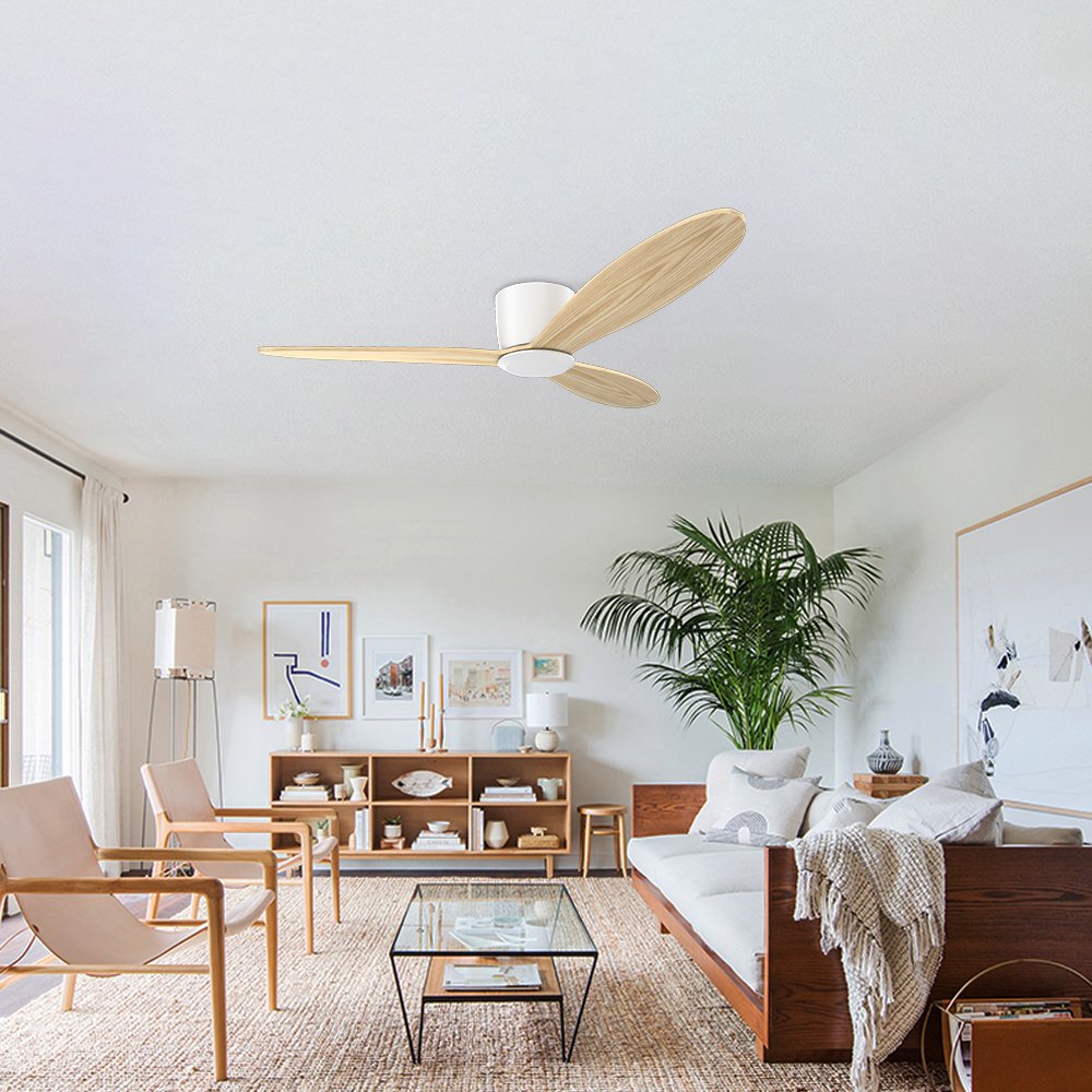 52 Inch 3 Solid Wood Blade Ceiling Fans DC Motor Modern Smart Low Profile Mount Ceiling Fan