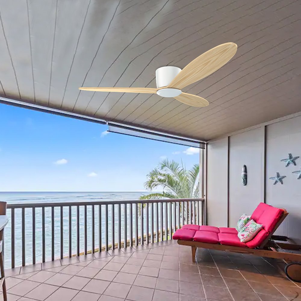 52 Inch 3 Solid Wood Blade Ceiling Fans DC Motor Modern Smart Low Profile Mount Ceiling Fan