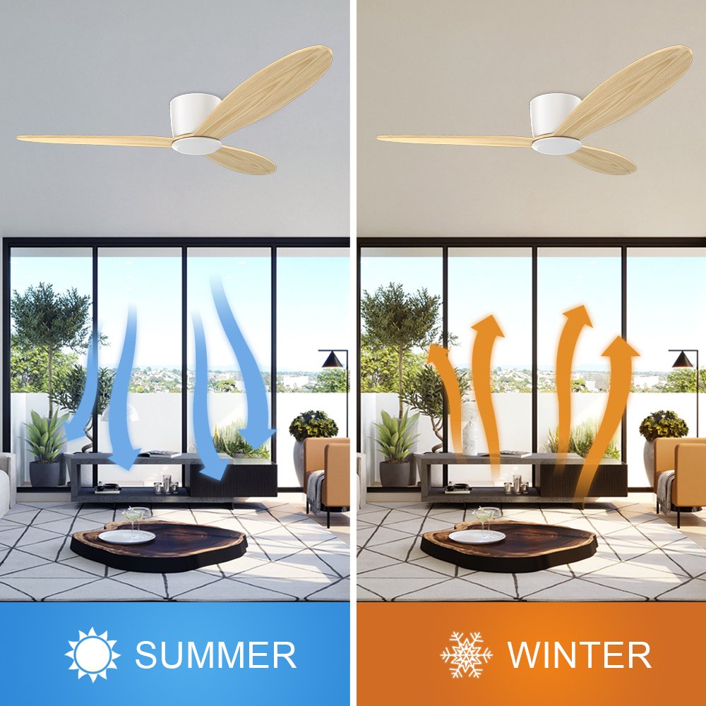 52 Inch 3 Solid Wood Blade Ceiling Fans DC Motor Modern Smart Low Profile Mount Ceiling Fan