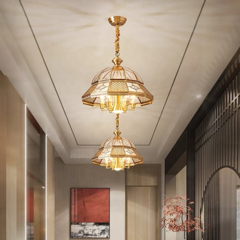 All copper European style chandeliers ceiling luxury pendant light Villa entrance hall chandeliers & pendant lights