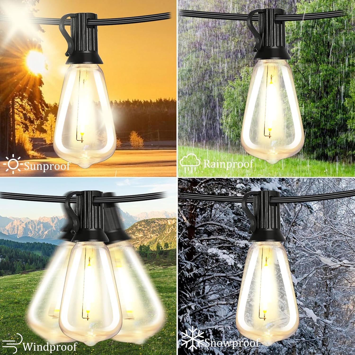 60FT Outdoor Lighting String 15-Bulb LED Christmas Lights USB Charging ST38 Shell Shatterproof Design Garden Halloween