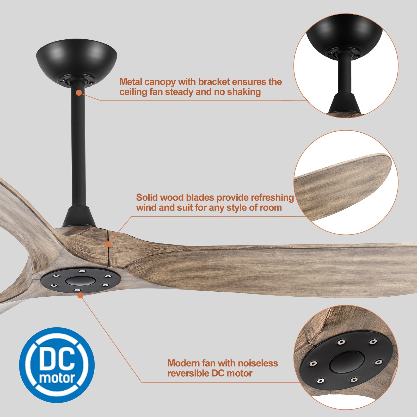 Ceiling Fans without Lights 60 inch Solid Wood Fan Timing 6 Speeds Remote Control Silent Reversible DC Motor Indoor Outdoor Fan