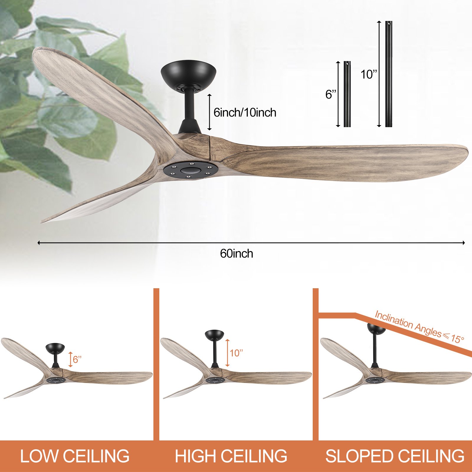 Ceiling Fans without Lights 60 inch Solid Wood Fan Timing 6 Speeds Remote Control Silent Reversible DC Motor Indoor Outdoor Fan