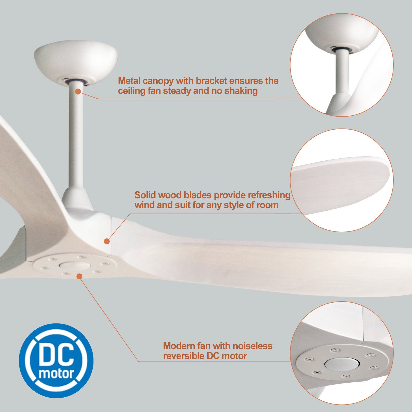 60 Inch Ceiling Fan no Lights with Remote Control, 3 Wood Blades Large Indoor Outdoor Fans for Living Rome Patios with DC Motor