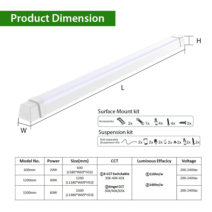CGT Flicer Free Driver Ceiling Mount 1200mm LED Light Fixture Outdoor IP65 Linkable Tri-proof Batten Light