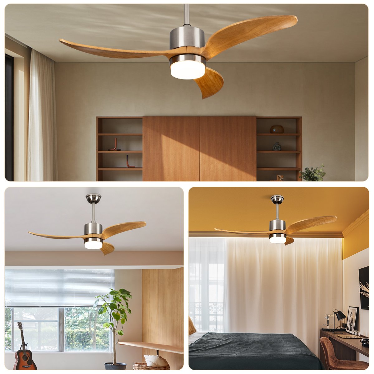 52" Ceiling Fan with Lights and Remote Control, Indoor Outdoor modern Wood Ceiling Fan with Reversible Quiet DC Motor 6 Speed