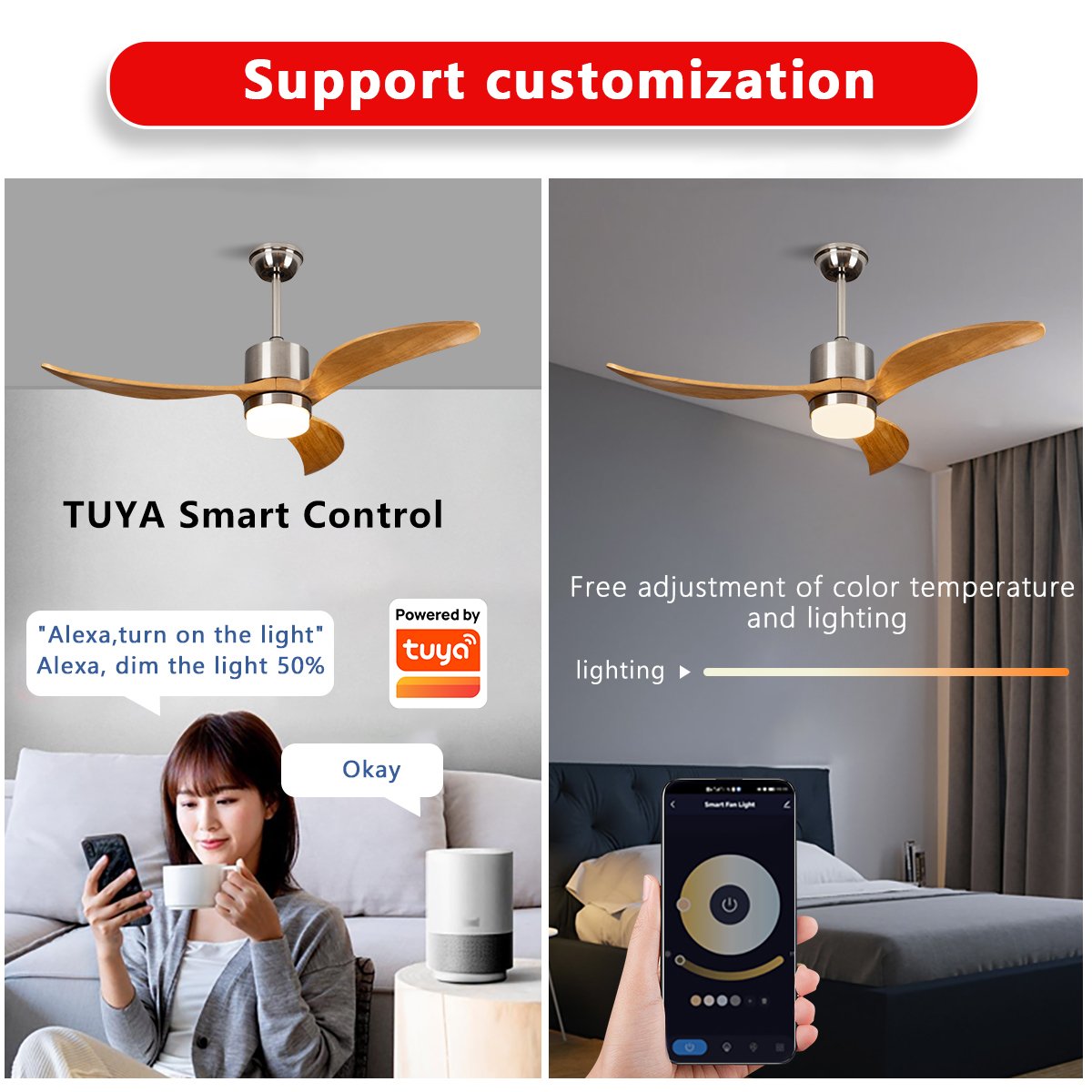 52" Ceiling Fan with Lights and Remote Control, Indoor Outdoor modern Wood Ceiling Fan with Reversible Quiet DC Motor 6 Speed