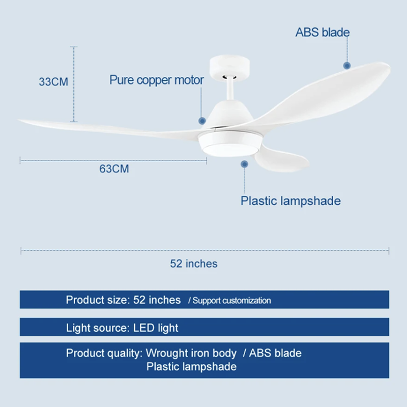 Remote Control Dc 110v Led 18w Nordic Modern 52 Inch Abs 3 Blade Smart Ceiling Fan With Light