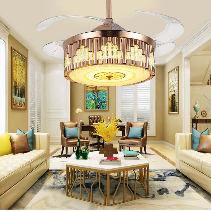 American style new invisible living room bedroom light luxury retro ceiling fan LED crystal fan light