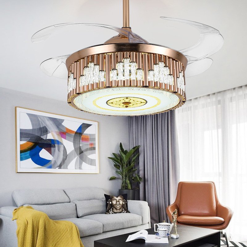 American style new invisible living room bedroom light luxury retro ceiling fan LED crystal fan light