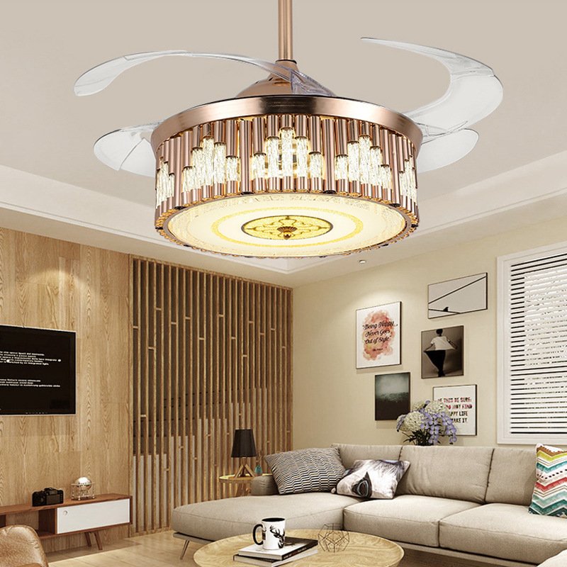 American style new invisible living room bedroom light luxury retro ceiling fan LED crystal fan light