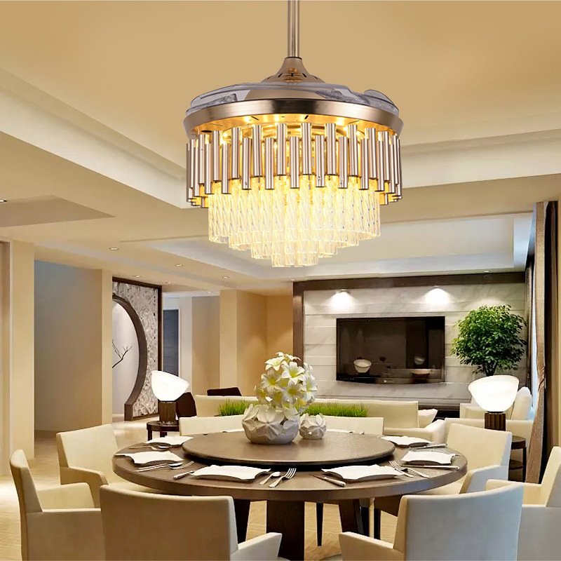 American style new invisible living room bedroom light luxury retro ceiling fan LED crystal fan light