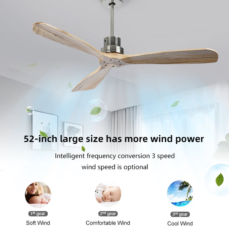 Modern 52inch Fan no lamp Solid Wood Blades Hanging Electric Remote Control Smart LED Lights with Ceiling Fans