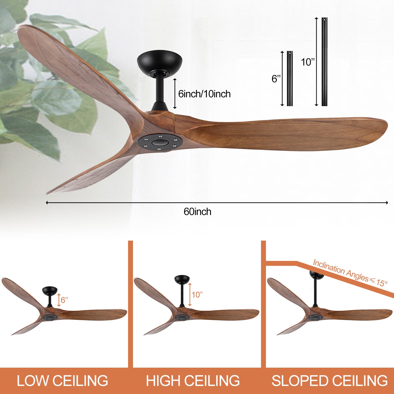 Ceiling Fan without Light, 60 Inch 3 Blades Modern Ceiling Fan no Light with Remote Control for Living Room Bedroom, DC Motor