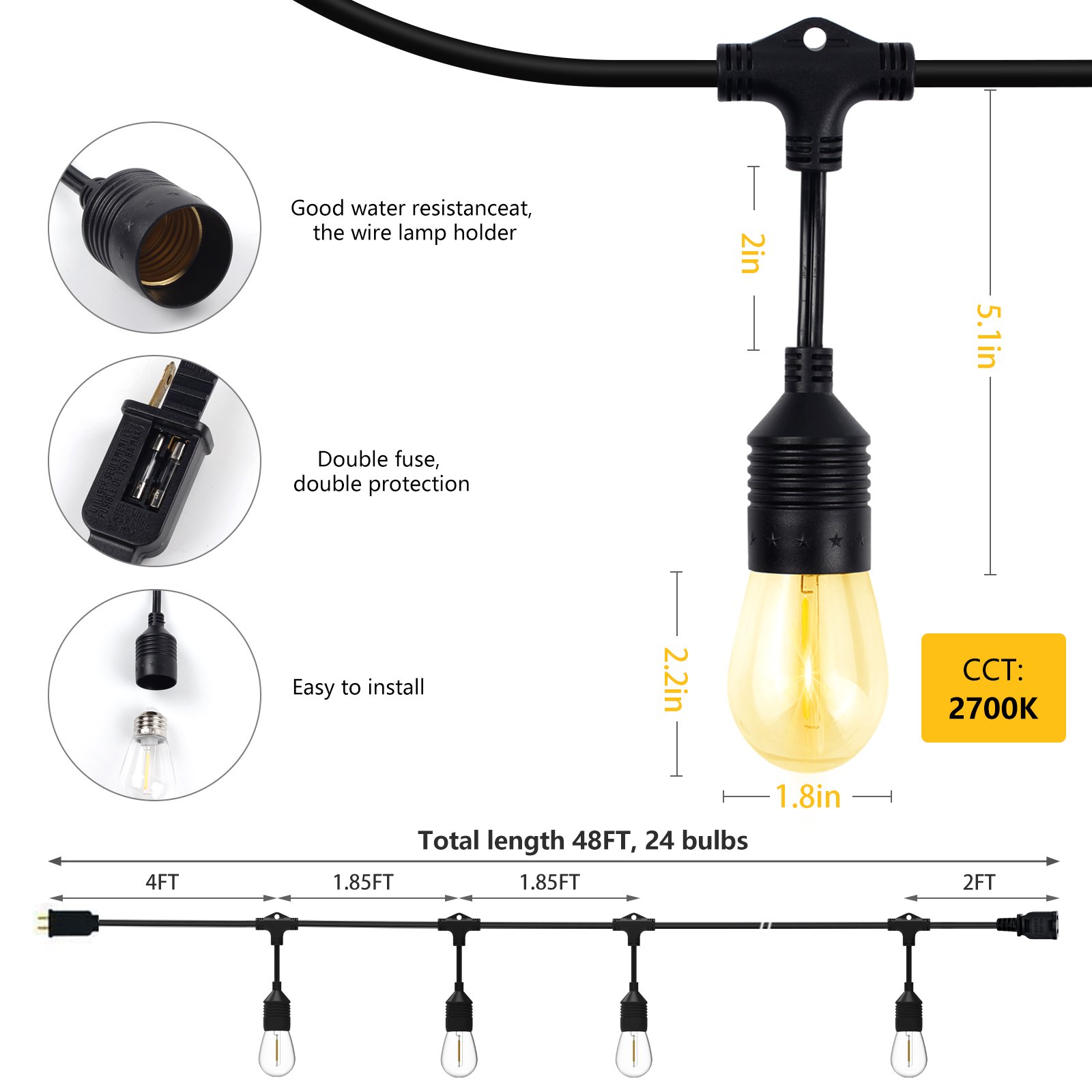 Wholesale manufacturer supply ETL Listed 48FT 24 bulbs dimmable outdoor bulb string lights for wedding ceiling