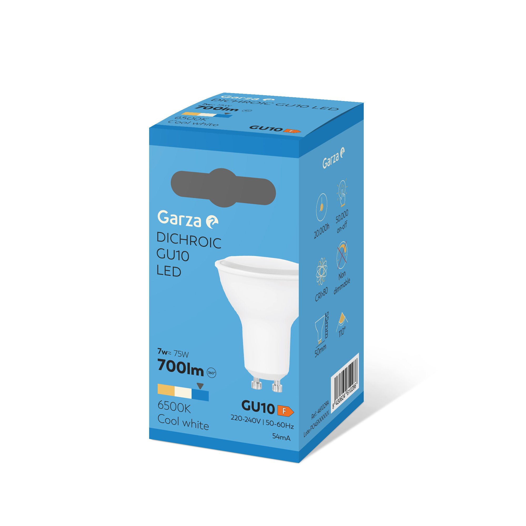 Garza 8W LED Dichroic GU10 Bulb Cool Light (6500k) 700 Lumens 110 Light Angle CRI 80 with Solar GU10 Socket