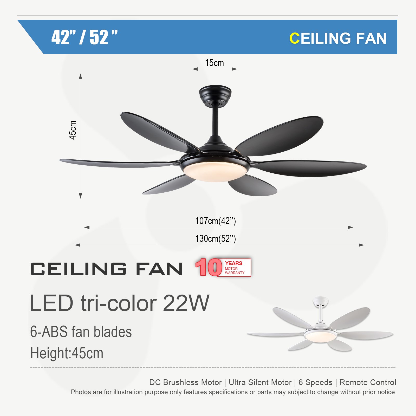 52 insh Black 5-Blade Ceiling Fan with Light and Remote Control Timing Reversible 6 Speed Indoor/Outdoor Ceiling Fan