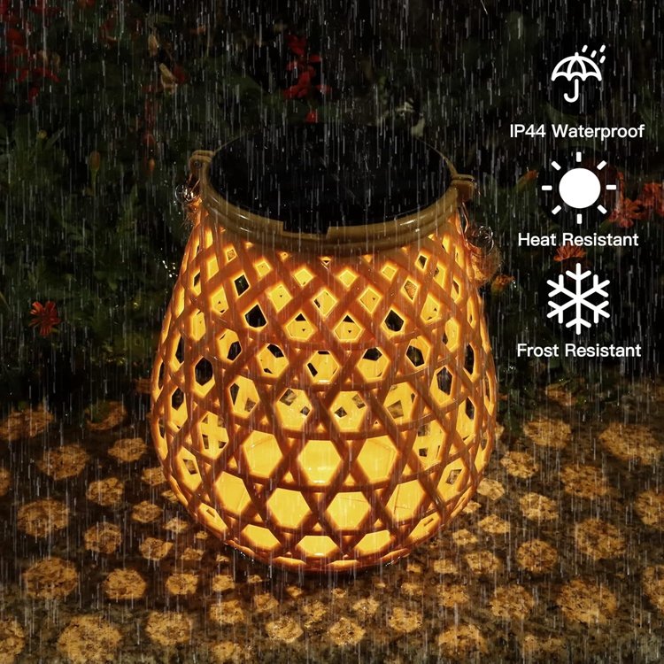 Solar hanging lantern garden lights led night lights outdoor Christmas tree Retro Weaving Chandelier Bamboo Rattan Pendant lamp