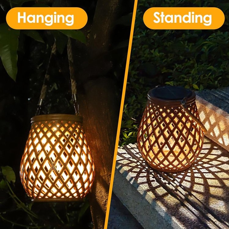 Solar hanging lantern garden lights led night lights outdoor Christmas tree Retro Weaving Chandelier Bamboo Rattan Pendant lamp