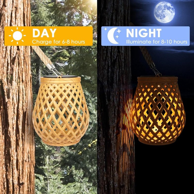 Solar hanging lantern garden lights led night lights outdoor Christmas tree Retro Weaving Chandelier Bamboo Rattan Pendant lamp
