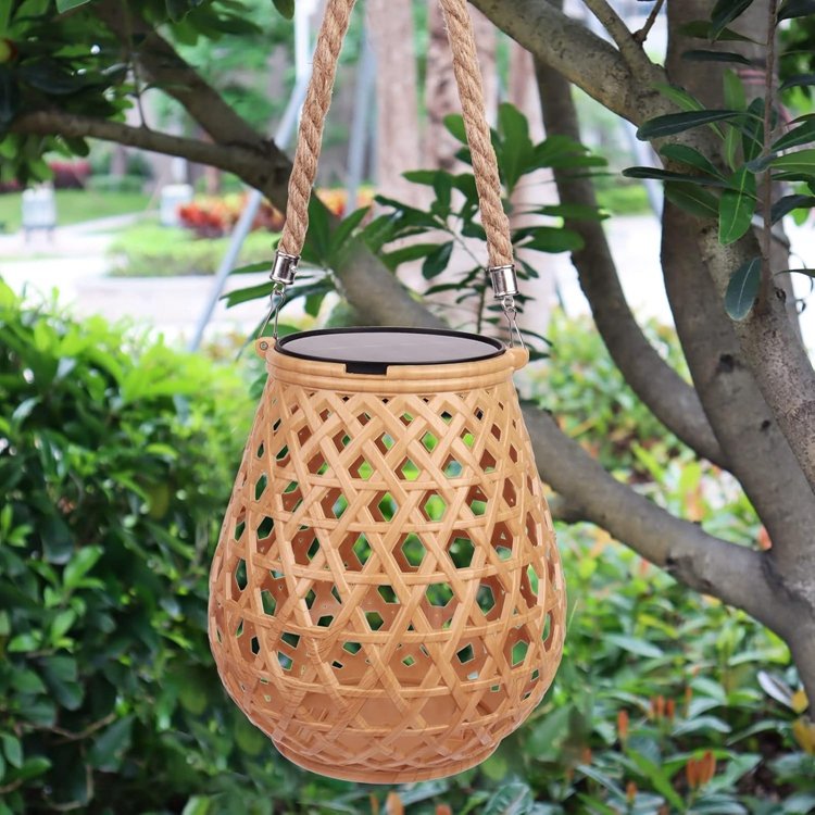 Solar hanging lantern garden lights led night lights outdoor Christmas tree Retro Weaving Chandelier Bamboo Rattan Pendant lamp