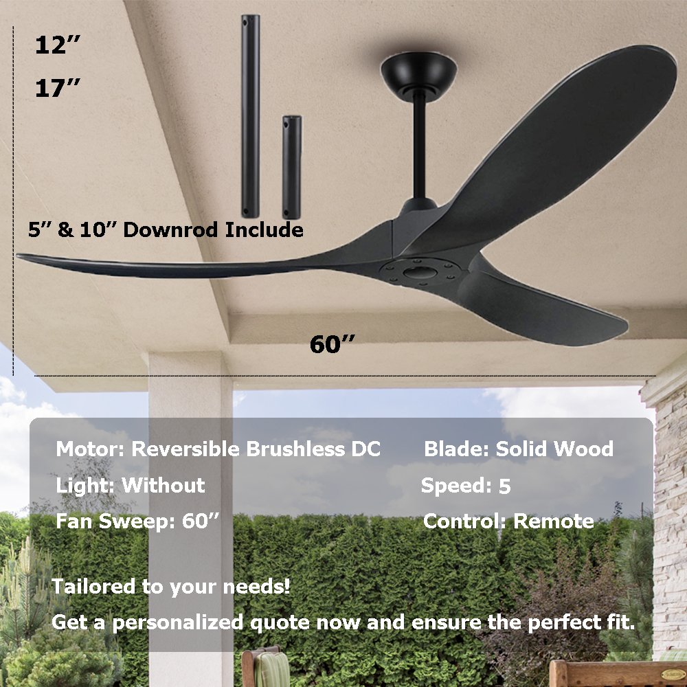 Wooden Sleek Modern Designer Luxury Matte Black Wood Blade Ceiling Fan 60 Inch - Without Light, Silent Running, High-Efficiency