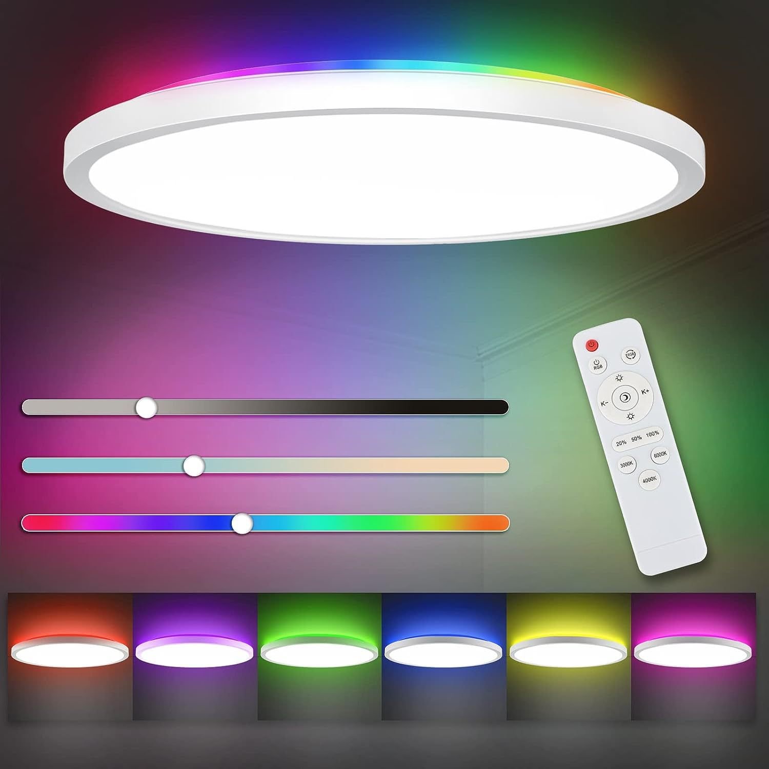 LED Bedroom Ceiling Light Living Room Smart Light-24w Recessed Mount RGB Backlight Flat Round Lights
