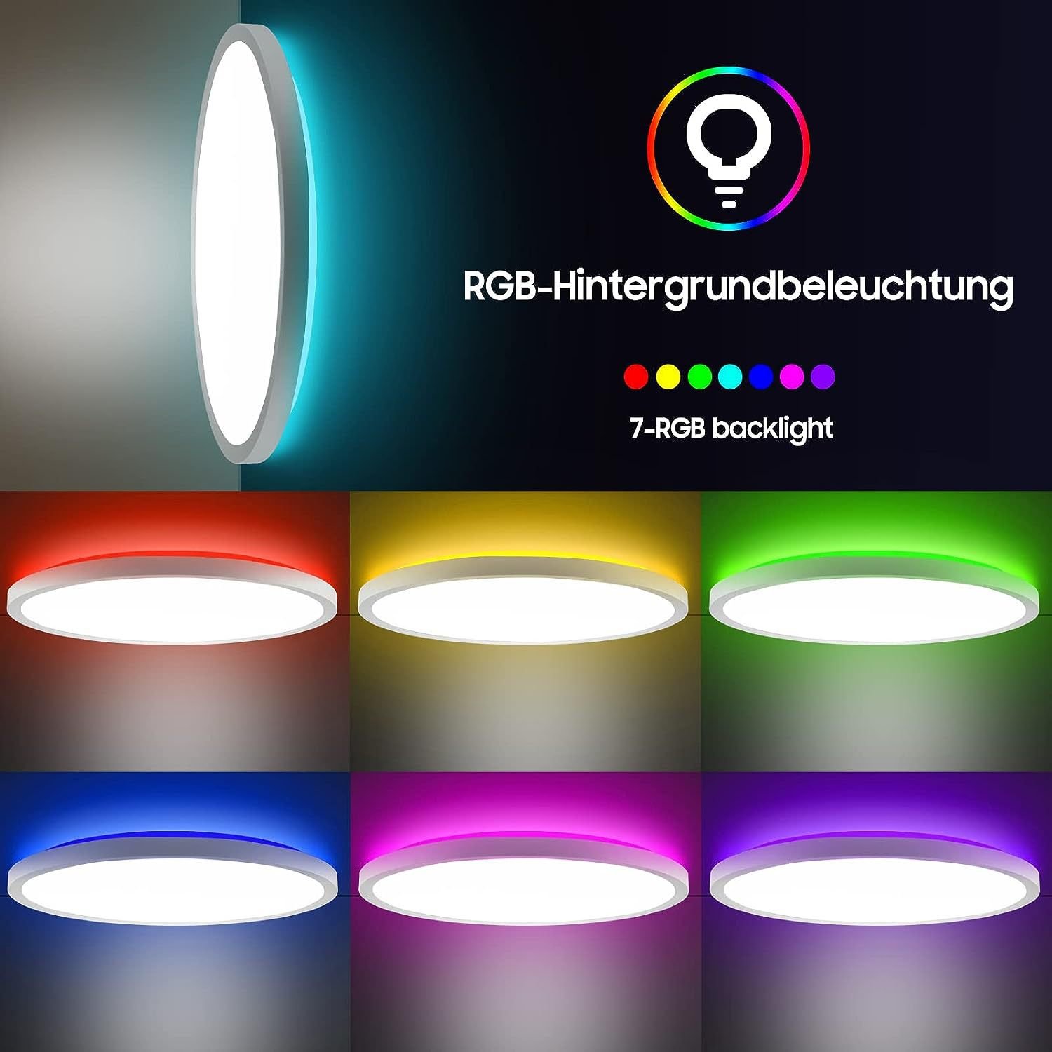 LED Bedroom Ceiling Light Living Room Smart Light-24w Recessed Mount RGB Backlight Flat Round Lights