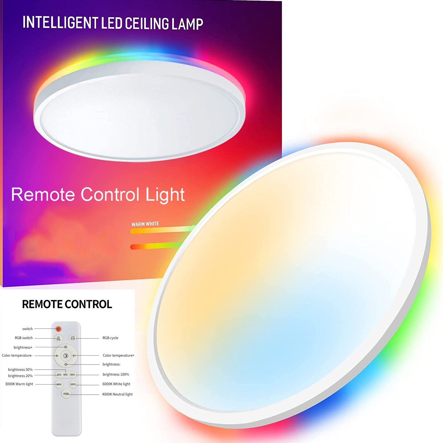 LED Bedroom Ceiling Light Living Room Smart Light-24w Recessed Mount RGB Backlight Flat Round Lights
