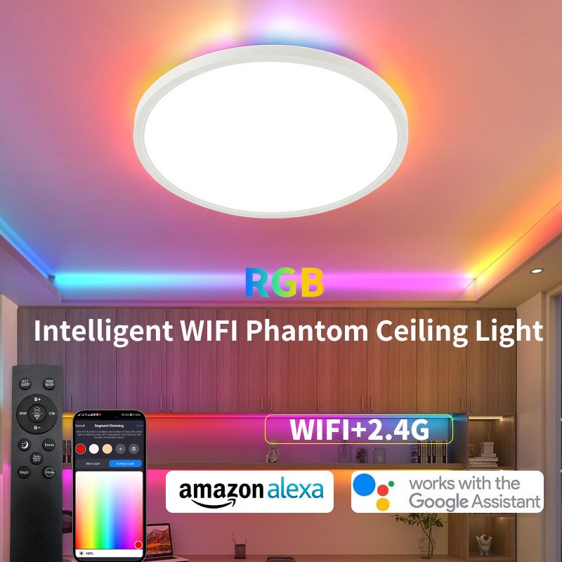 LED Bedroom Ceiling Light Living Room Smart Light-24w Recessed Mount RGB Backlight Flat Round Lights