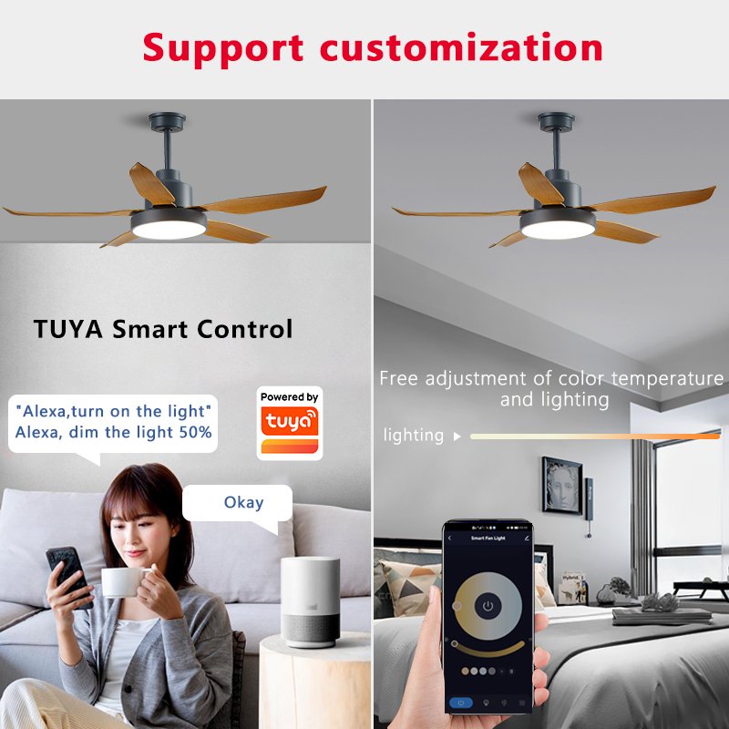 SLYNN Fashionable Decorative Indoor Solid Wood Blades Remote Control Led Ceiling Fan With Light