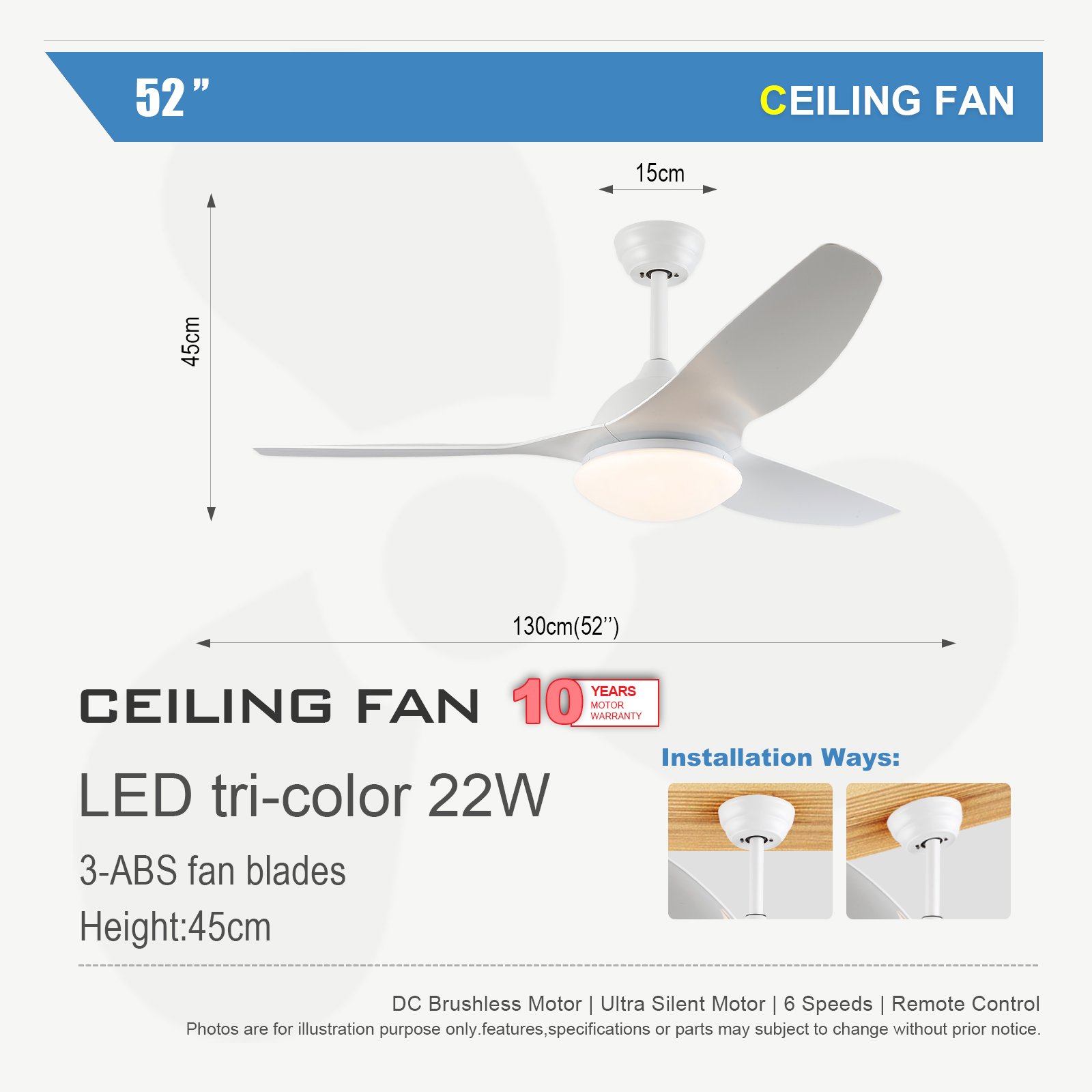 52-Inch White Minimalist Ceiling Fan with Light Dimmable Modern Indoor/Outdoor Ceiling Fan