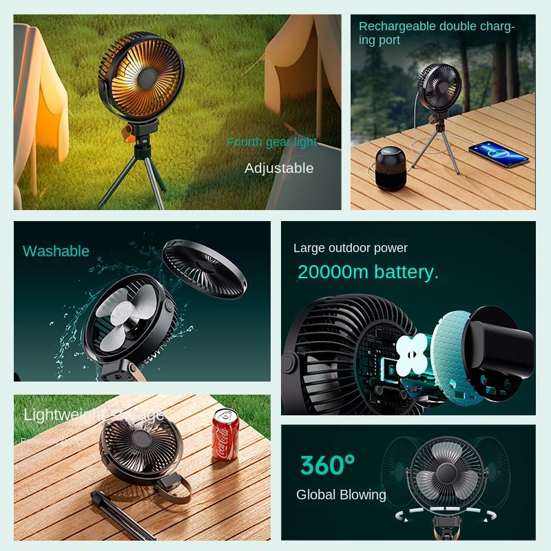 Portable charging folding fan Camping bag Desktop ceiling table fan LED light Outdoor travel fan