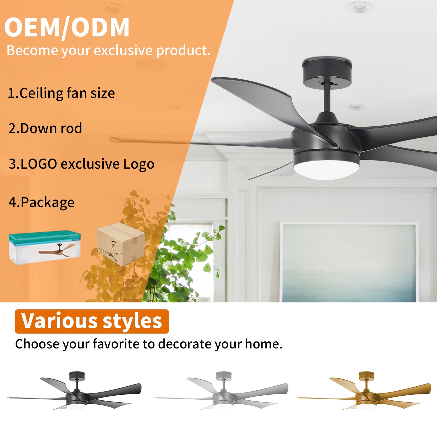 Modern Luxury Electric Ceiling Fan Black 5 Blades ABS Wall Control & Remote for Outdoor for Bedrooms Ceiling Fan with Light