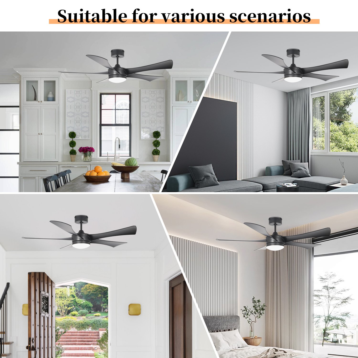 Modern Luxury Electric Ceiling Fan Black 5 Blades ABS Wall Control & Remote for Outdoor for Bedrooms Ceiling Fan with Light