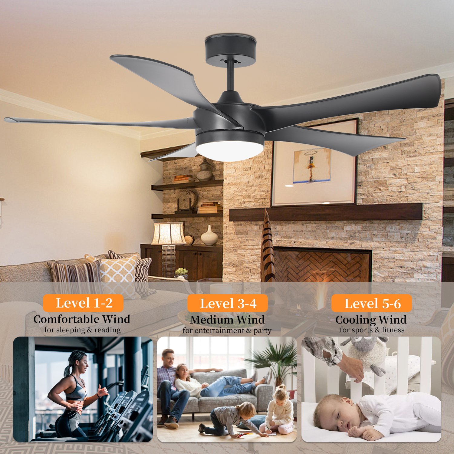 Modern Luxury Electric Ceiling Fan Black 5 Blades ABS Wall Control & Remote for Outdoor for Bedrooms Ceiling Fan with Light