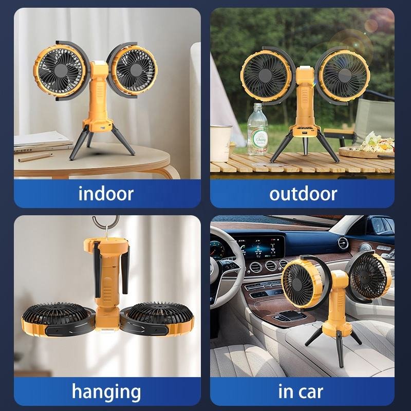 New Portable 8000 mAh rechargeable double heads cordless fishing tent hanging fan, camping fan with LED light