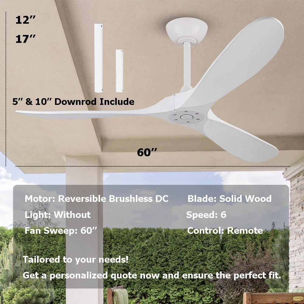 60 inches Luxury Wooden Outdoor Patios Ceiling Fan - Modern Design, Energy-Efficient, Ultra-Quiet, No Light, USA 