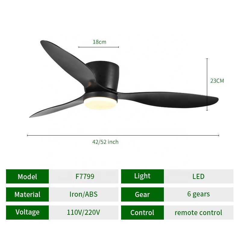 3 ABS Blades Light Weight Smart Control 6 Wind Speed Noiseless Reversible Motor Low Profile Modern Ceiling Fan