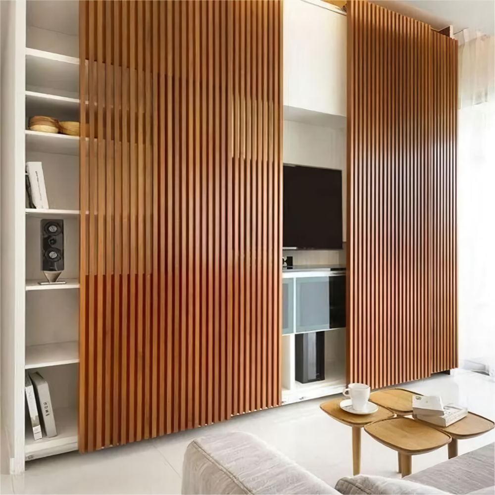Foju Modern Interior Decoration Hollow Wooden Grain PVC WPC Privacy Screen Partition Curtain Wall WPC Square Timber Tube