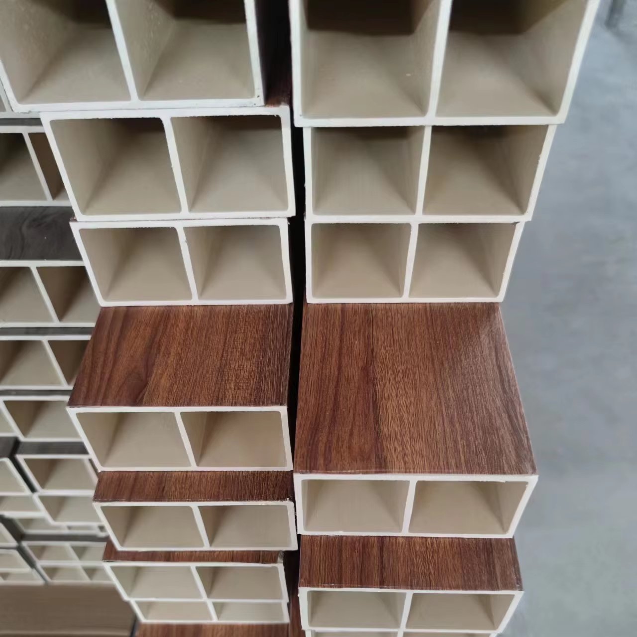 Foju Modern Interior Decoration Hollow Wooden Grain PVC WPC Privacy Screen Partition Curtain Wall WPC Square Timber Tube