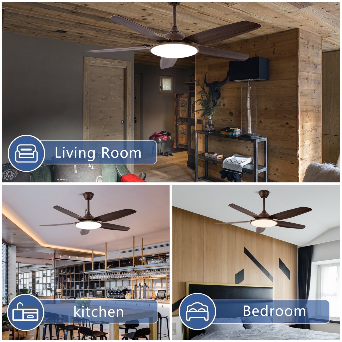 Living room Wooden Blades DC Ceiling Fan Retro Remote Control LED Light Outdoor Indoor Modern