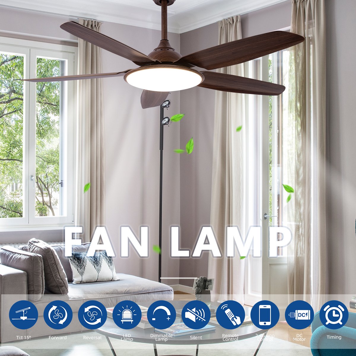 Living room Wooden Blades DC Ceiling Fan Retro Remote Control LED Light Outdoor Indoor Modern