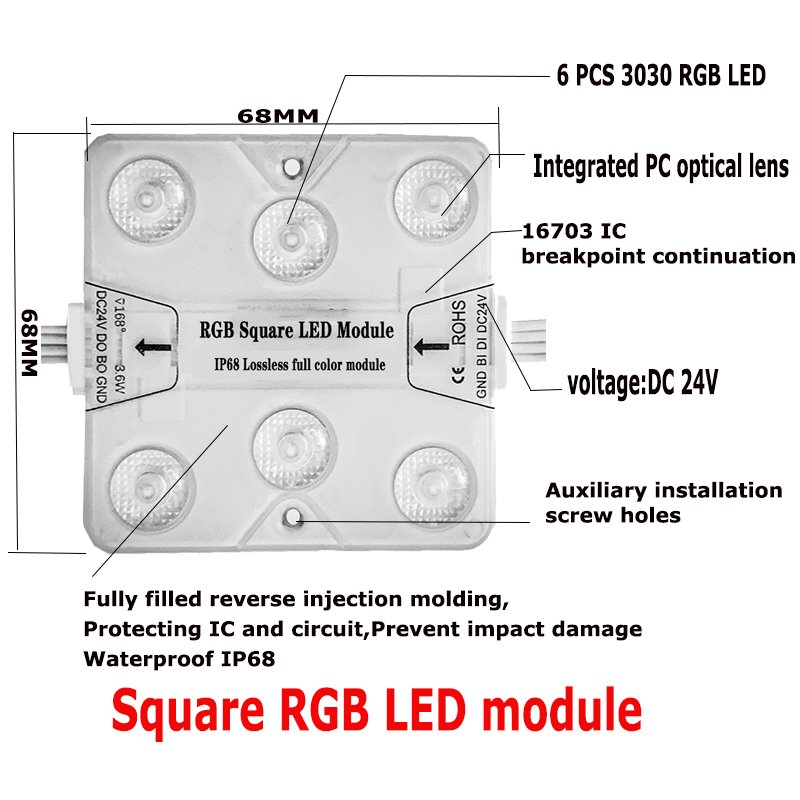 DC24V smd 3030 Outdoor Waterproof IP68 rgb square led modules with lens 5years warranty module led light for signage ceiling
