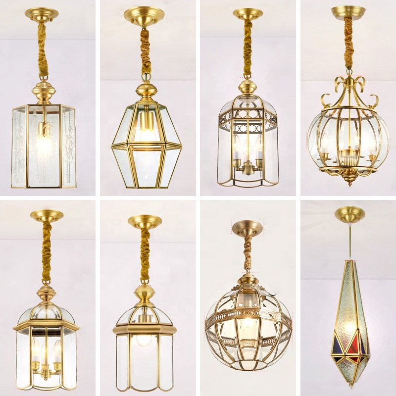 Full copper circular minimalist LED pendant light E14 * 3 glass restaurant balcony corridor pendant light