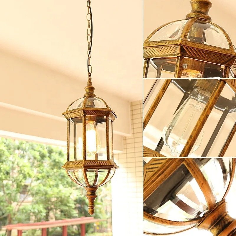 Outdoor retro rural metal attic balcony retro industrial aluminum glass antique waterproof LED chandelier