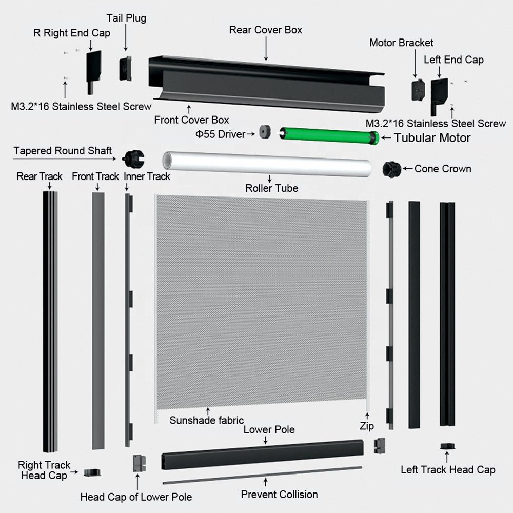 Remote control waterproof windproof blackout blind zip track motor automatic electric vertical outdoor motorized roller blinds