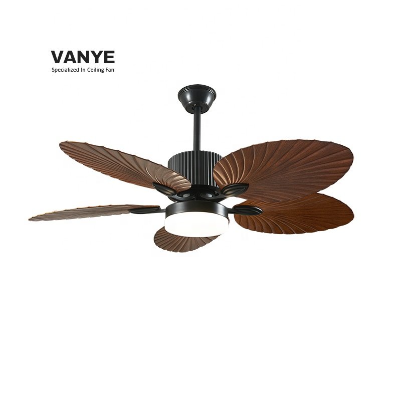 outdoor 52 inch patio wood color retro vintage large ABS plastic blade black palm leaf ceiling fan with light and remote control