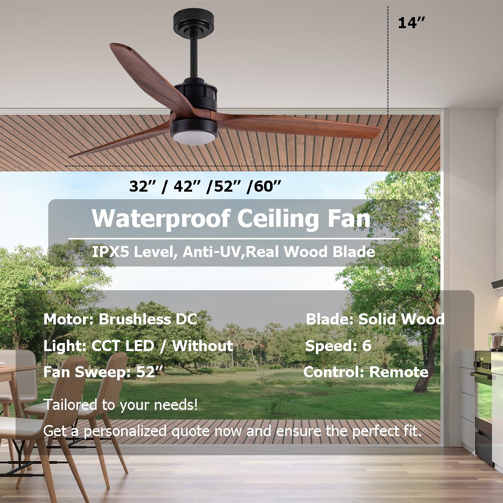 Whisper Quiet DC Copper Motor Wood Blade Weather-Resistant LED Outdoor Waterproof Ceiling Fan With Light